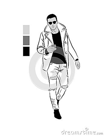 Vector illustration of a young man. Sketch of a walking man. . Vector Illustration